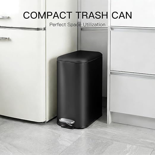 GlowSol Bathroom Trash Can with Lid, 3.2 Gallon 12 L Stainless Steel Step Trash Can with Removable Liner Bucket, Slim Small Wastebasket for Toilet Bedroom Office, Black