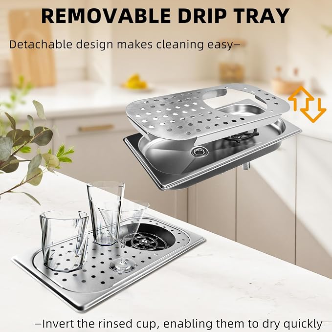 Pitcher Rinser, High Pressure Cup Washer, Stainless Steel Recessed Countertop Cup Washer with Drain Drip Tray, for Home Kitchen, Restaurant, Bar, Coffee (silver)