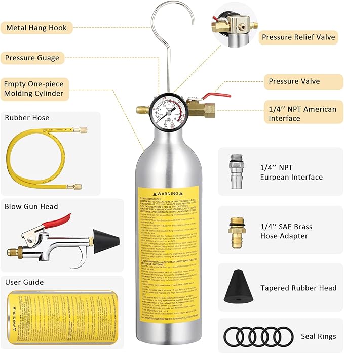 Rossesay AC Flush Kit Air Conditioner System Flush Canister Kit AC Drain Line Cleaner Tool Air Conditioning Pipeline Cleaning Tool Set with Gauge, Air Fittings and Hose for Car Air Conditioner Pipe