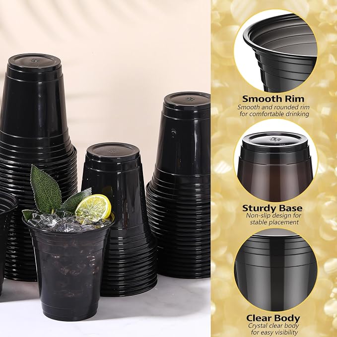 LemonRoad 100 Pack 12oz Black Clear Plastic Cups, Party Disposable Drinking Cups Bulk for Parties Picnics Cold Beverages, Smoothies, Events Celebrations Meeting Wedding Holiday Party