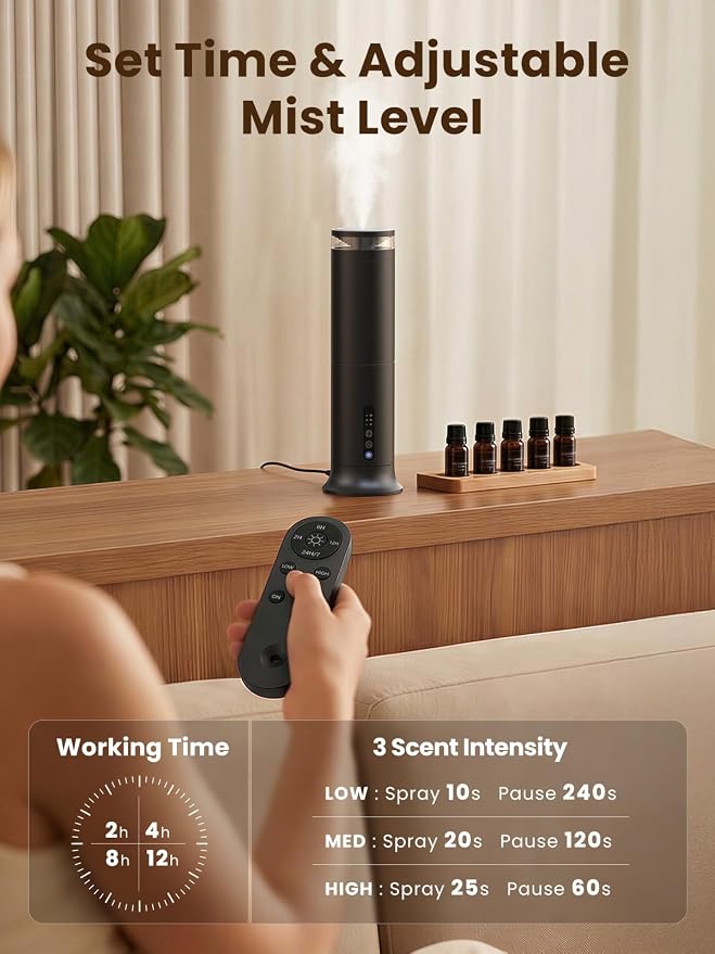 Waterless Diffuser with 5 Hotel-inspried Scent Oil Set - Cold Air Diffuser Up to 2000 Sq.ft for Large Home Office Hotels and Spas, Remote & Panel Control, 4 Timer 3 Scent Intensity Models, 3.4 fl oz