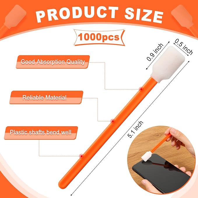 Macarrie 1000 Pack Cleaning Swabs 5.1 Inch, Foam Tips Sponge Sticks for Printer, Electronics, Camera, Optical Lens, Sewing Machine(Orange,1000)
