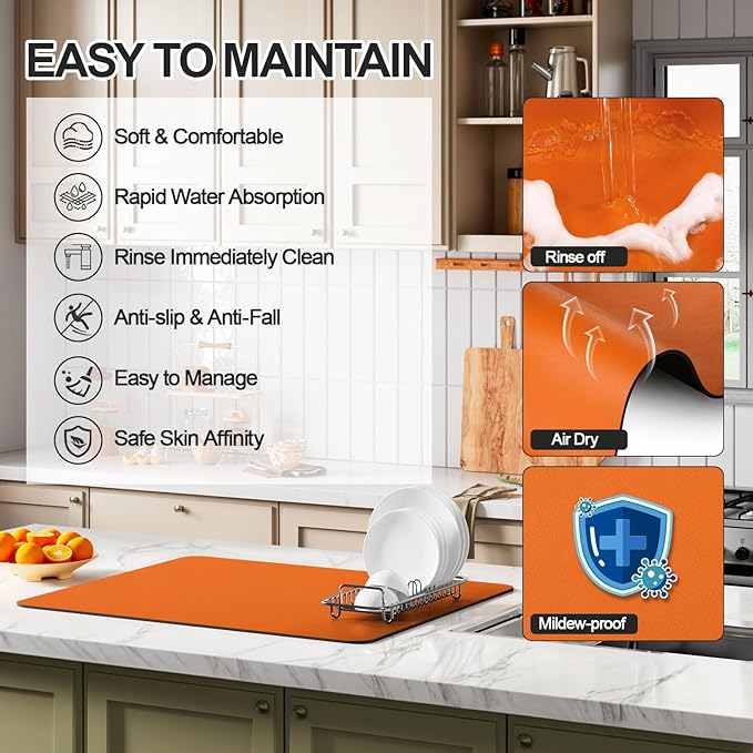 Ecotrim - Dish Drying Mat for Kitchen Counter | Coffee Bar Mat for Countertops | Heat Resistant Drainer Mat with Non-slip Rubber Backed | Hide Stain Kitchen Absorbent Draining Mat | Orange 18"x32"