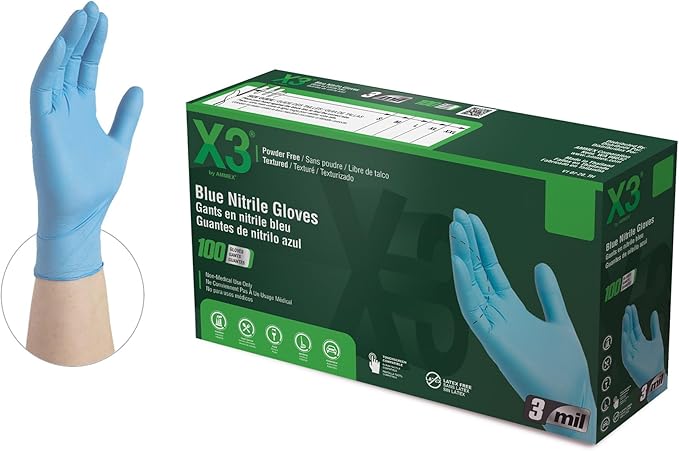 X3 Blue Nitrile Disposable Industrial-Grade Gloves, 3 Mil, Latex & Powder-Free, Food-Safe, Non-Sterile, Lightly Textured