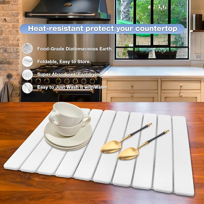 RAIN SPIRIT Large Stone Dish Drying Mat for Kitchen Counter, Absorbent Diatomaceous Earth Bath Mat ,Quick Dry Stone Drying Mat Foldable for Dishes Bottles Cups,white