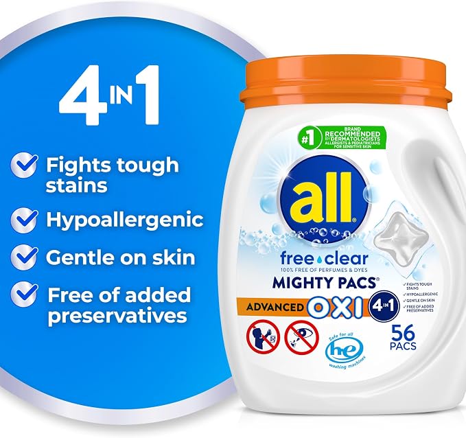 all Laundry Detergent Pacs, Mighty Pacs with OXI Stain Removers and Whiteners, Free Clear, Unscented and Dye Free, 56 Count (Pack of 4)