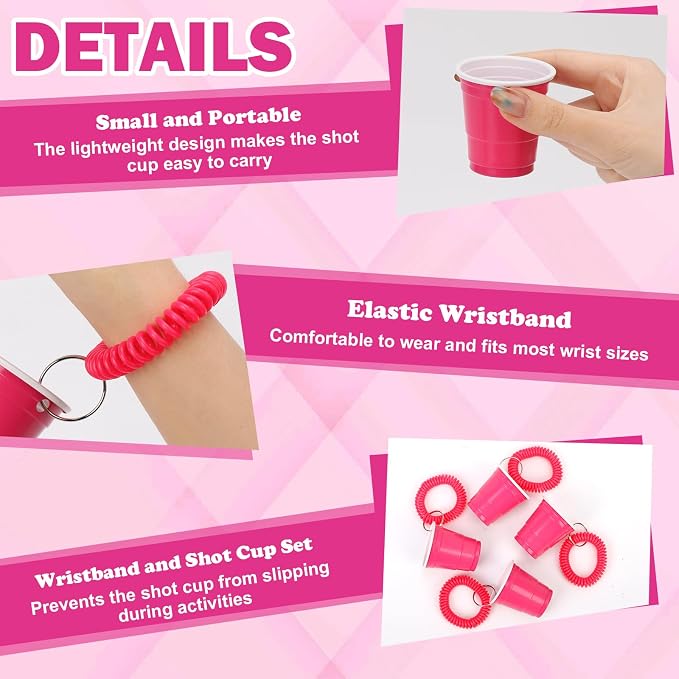 30 Pcs Hot Pink Shot Cups with Wristband for Party 2oz Plastic Shot Glasses Bulk Disposable Mini Shot Glasses with Bracelet Wear On Solo Cups for Bachelorette Party Wedding Birthday Graduation