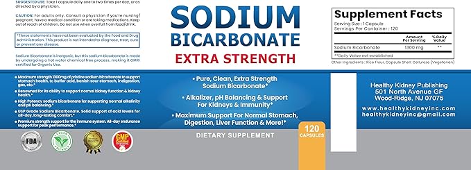 Sodium Bicarbonate Capsules Extra Strength 1300mg Organic Use No Junk. 1 Sodium Bicarbonate Capsule is 1300mg. Pure Sodium Bicarb Tablet