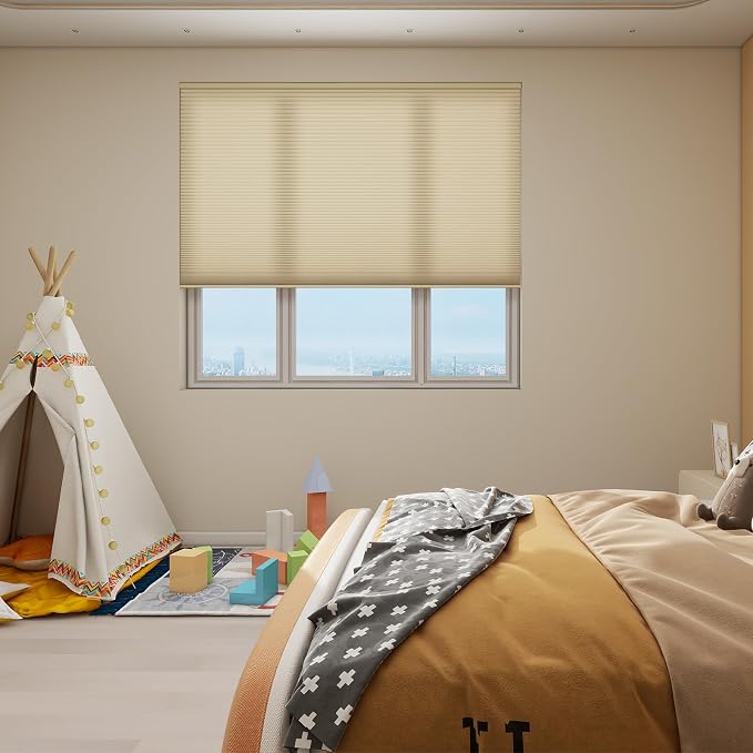 No Drill Cellular Shades, Beige Custom Size Cordless Light Filtering Pull Down Pleated Honeycomb Blind Thermal Insulated Easy Install for Indoor Window Bedroom Living Room Kitchen Door