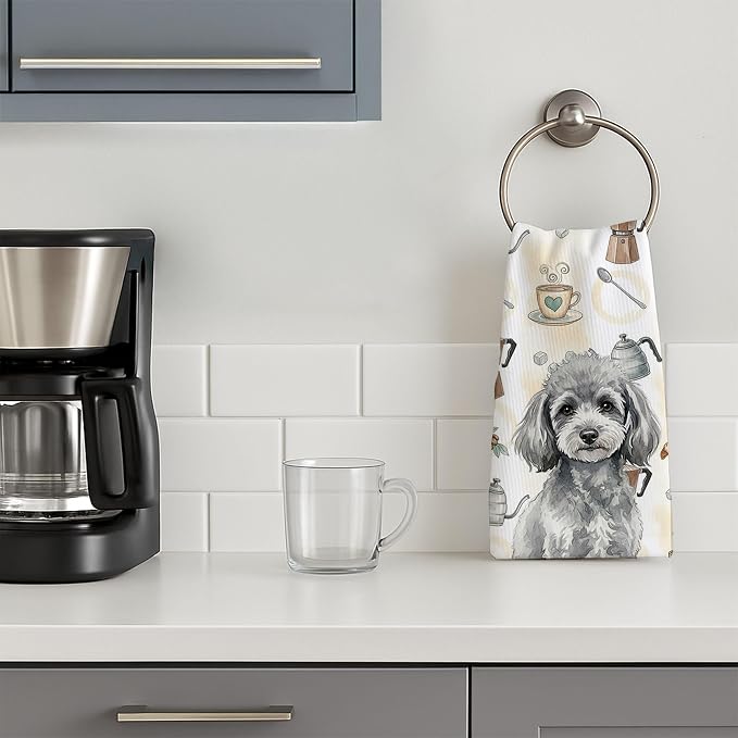 Caroline's Treasures Toy Silver Poodle Coffee Bar Kitchen Towel Velour Plush Front and Cotton Loop Back Machine Washable