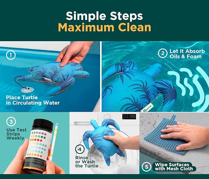 Hot Tub Scum Absorber Turtle 2 Pack for Spa Hot Tub – Floating Hot Tub Scum Sponge Set with Water Test Kit & Mesh Cleaning Cloths, Reusable Scum Sponge for Hot Tub, Essential Hot Tub Accessories