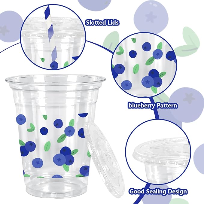 FYSUIMU 50 Pcs 12 Oz Blueberries with Leaves Plastic Cups with Lids & Straws Disposable Clear Drinking Cups for Wedding Birthday Baby Shower Party Supplies
