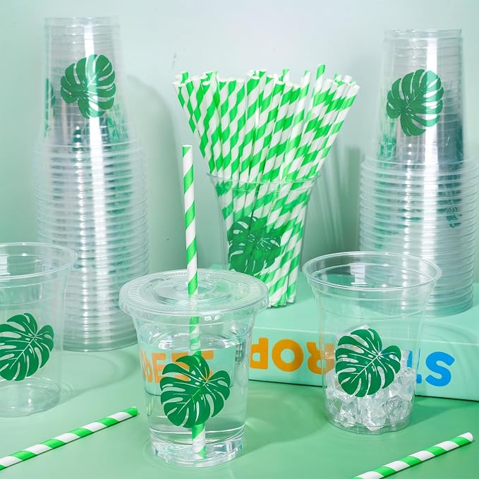Whaline 50Pcs Tropical Palm Leaf Disposable Plastic Cups with Lids and Straws 12Oz Green Monstera Cold Beverage Drinking Cup for Summer Hawaiian Luau Birthday Party Supplies