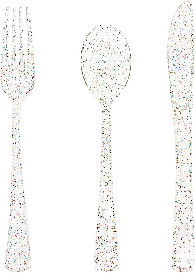150 Pack Clear Plastic Silverware - Disposable Cutlery with Colorful Design, Includes 50 Forks, 50 Knives, 50 Spoons for Birthday, Wedding, Baby Shower