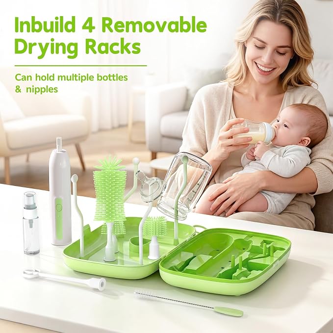 Electric Bottle Brush Cleaner,Portable Electric Baby Bottle Brush Cleaner with Storage Box,Long Battery Life,IPX7 Waterproof,Rechargeable Baby Bottle Cleaning kit for Home & On-The-Go(Avocado Green)