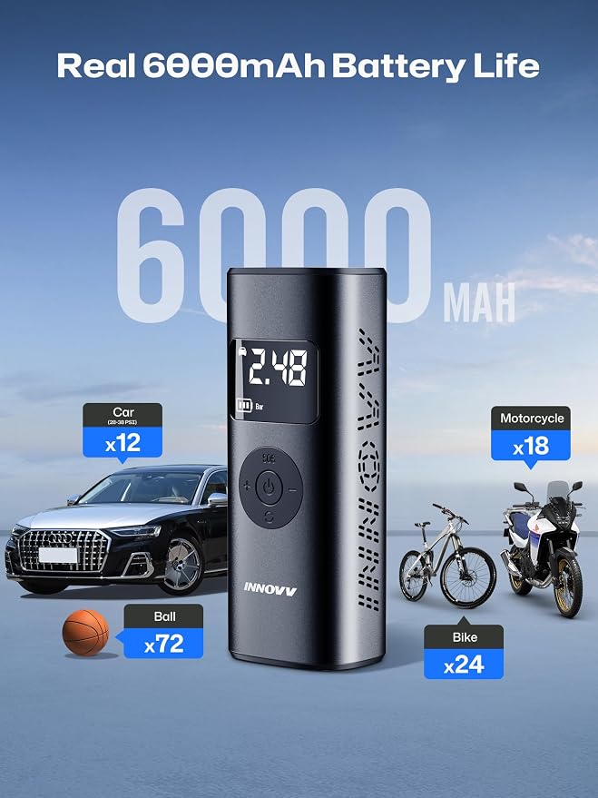 INNOVV P1 Aluminum Portable Tire Inflator, 150PSI, 3X Faster Cordless Air Compressor, Auto-Shutoff Electric Tire Pump with Digital Pressure Gauge & LED Light for Car, Motorcycle, Bike, Balls