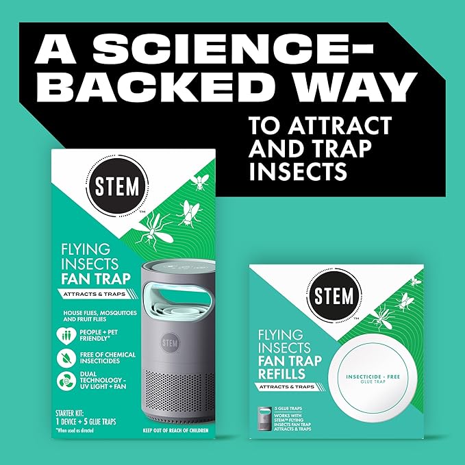STEM Flying Insect Fan Trap for Indoor Bug Control, Attracts Mosquitoes, Fruit Flies, and House Flies, Plug-in Fan with UV Light, Starter Kit Includes 2 Device and 10 Glue Traps