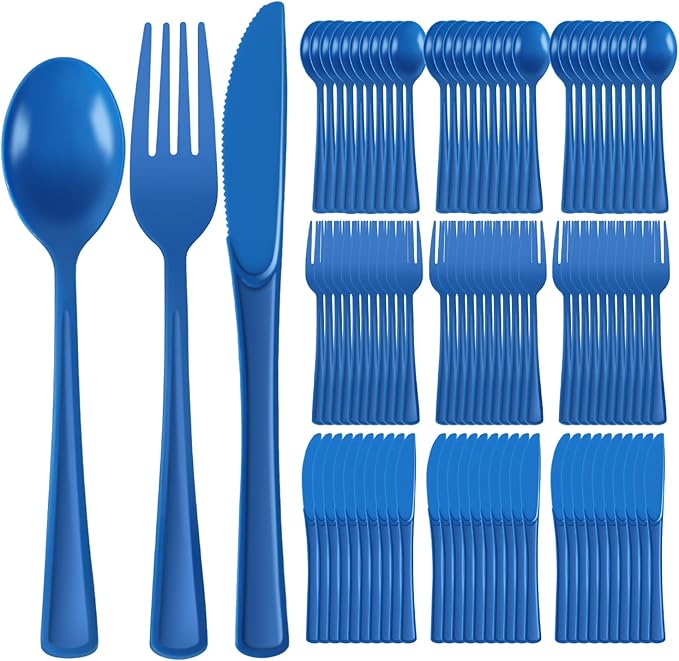 Plastic Silverware 150 PCS Disposable Silverware Heavy Duty Utensil Sets 50 Of Each Forks Knives & Spoons Disposable Cutlery Set For Easter,Birthday,Baby Shower,Garden Party,Wedding(150,Blue)