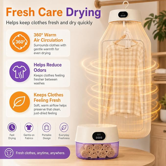 Portable Clothes Dryer, 2-in-1 Hanging & Desktop Laundry Drying | 8H Timer, Foldable, Low Noise, Fast-Drying Compact Dryer for Home Underwear, RVs, Apartments, Travel, Dorm