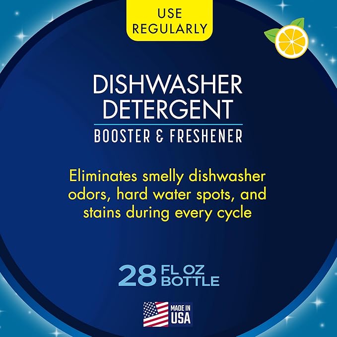 Glisten Dishwasher Detergent Booster and Freshener, Helps Eliminate Odors, Spots, and Stains, Lemon Scent, Made in the USA, 28 Ounce Bottle