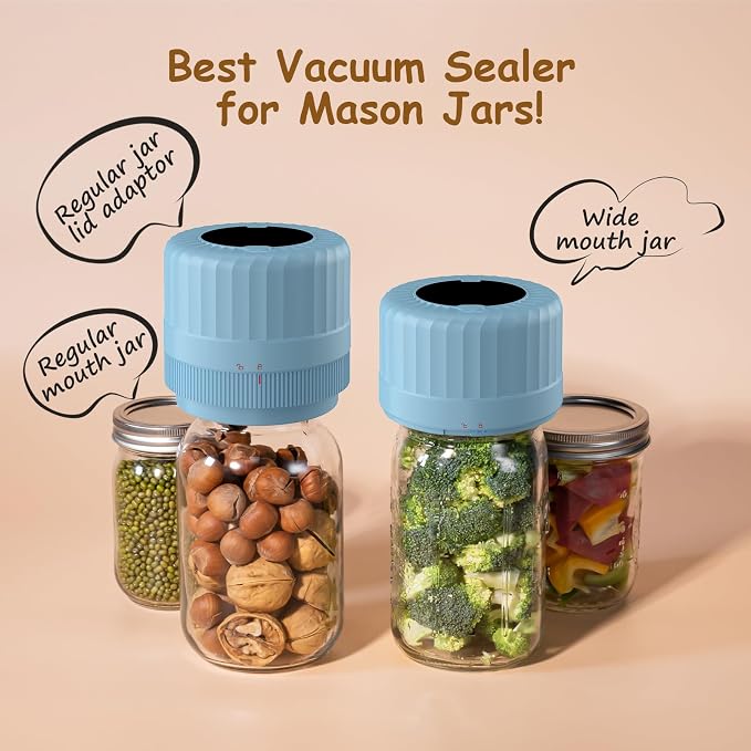 HTPOW Mason Jar Vacuum Sealer, Auto Sealing for Regular and Wide Mouth Jars | Meal prep, food storage, one-touch operation, regular and wide mouth jars, 1300mAh battery, reusable lids