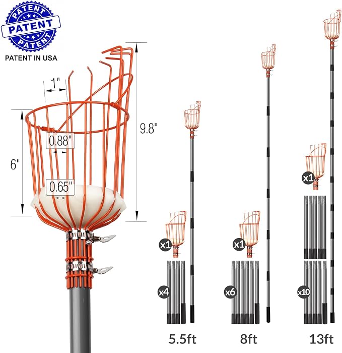 Walensee 5.5FT Fruit Picker with Basket, 35-65 Inch Compact Fruit Picker Pole, Lightweight Cherry Picker Tool for Pear, Mango, Apple, Orange, Lemon, Avocado Harvesting