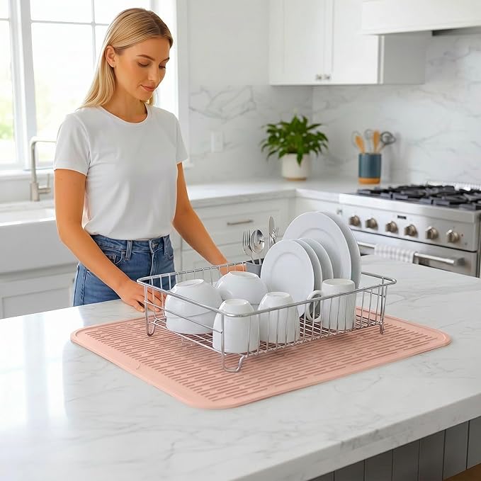 MicoYang Silicone Dish Drying Mat for Multiple Usage,Easy clean,Eco-friendly,Heat-resistant Silicone Mat for Kitchen Counter or Sink,Refrigerator or Drawer Liner Pink 2XL 24 inches x 18 inches