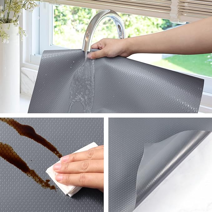 Shelf Liners for Kitchen Cabinets Refrigerator Liners Waterproof & Oil-Proof Kitchen Cupboard Liner Non-Slip Drawer Mats Non Adhesive Fridge Liner for Shelves - Grey 23.6 x 236.2 Inches