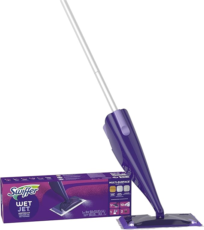 EUREKA Lightweight Powerful Upright Vacuum Cleaner & Swiffer WetJet Hardwood and Floor Spray Mop Cleaner Starter Kit, Includes: 1 Power Mop, 10 Pads, Cleaning Solution, Batteries