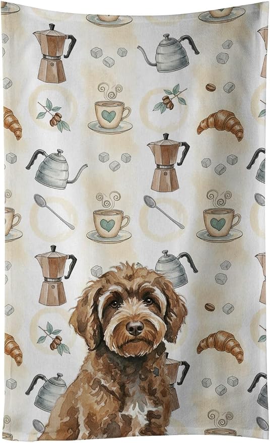 Caroline's Treasures Brown Portuguese Water Dog Coffee Bar Kitchen Towel Velour Plush Front and Cotton Loop Back Machine Washable