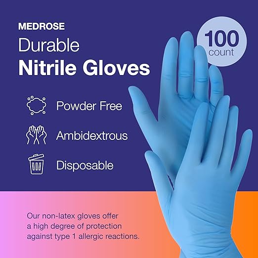 DiRose MedRose Disposable Nitrile Gloves - Powder Free Non-Latex Gloves for Medical Exam, Cleaning, and General Use - Medium (100ct)