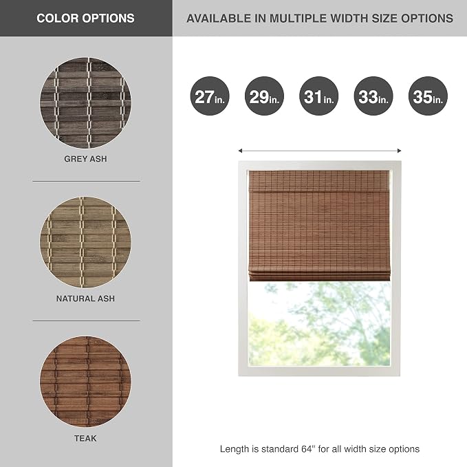 Madison Park Eastfield 100% Bamboo Cordless Roman Shades-Woven Wooden Privacy Panel, Light Filtering Easy Installation Window Blind Treatment, Bedroom, Living Room Decor, 31" W x 64" L, Teak