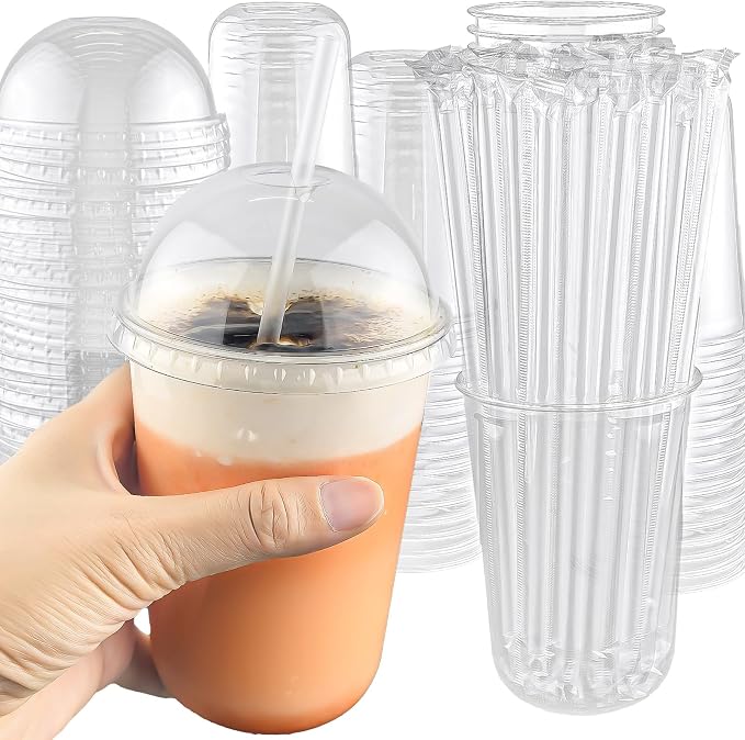 Qsqwsuye 100 Set 16oz Disposable Clear Plastic Cup with Lids and Straws, Sturdy & Food Safe Iced Coffee Cups, Plastic Cold Drinks Cups for Smoothie, Milk Tea, Assorted Beverages Party Supplies