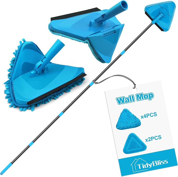 TidyBliss Wall Mop Cleaner with Long Handle 80”, Ceiling Duster Scrubber with 360° Swivel Collapsible Head, Baseboard Cleaning Tool with 4 Chenille and 2 Microfiber Pads for Windows Floor (Blue)