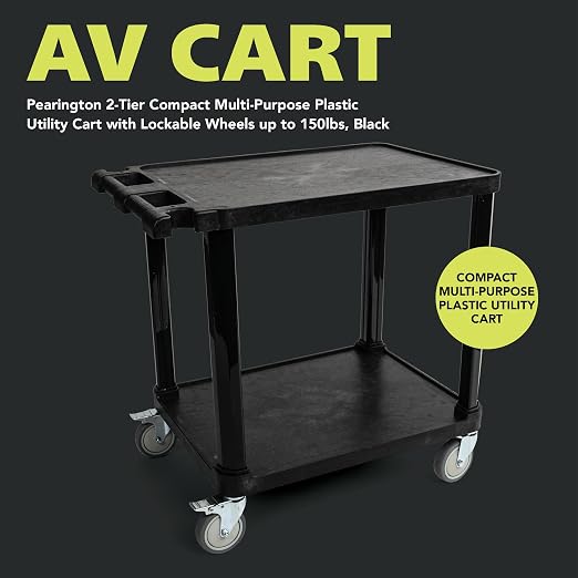 Pearington 2-Tier Compact Multi-Purpose Plastic Utility Cart with Lockable Wheels up to 150lbs, Black