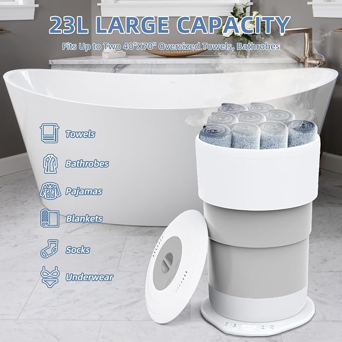 Fistone Foldable Towel Warmer for Bathroom – 23L Large Rapid Heat Towel Warmers Bucket with 3 Heat Levels, One-Touch Start, Auto Shut-Off Timer