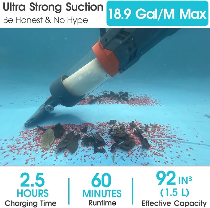 Cordless Pool Vacuum-25 Micron Fluff Ultra Fine Filter, True Powerful Suction 18.9GPM,1H Runtime, Handheld Rechargeable Hot Tub Cleaner with Poles for Above Ground&Inground Pool