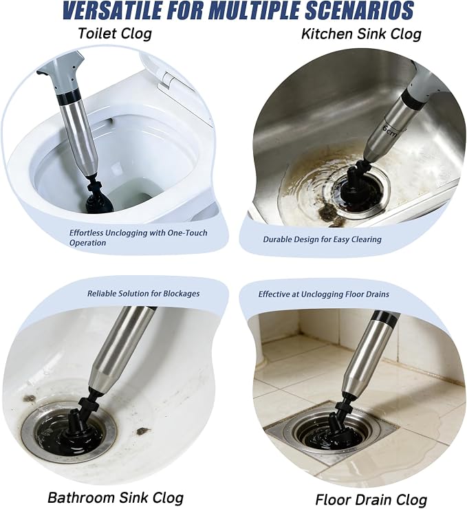 High Pressure Toilet Plunger,Air Drain Unclogger Blaster with Visual Barometer & 6 Different Plunger headss,Upgraded Toilet Plunger,Heavy Duty Clog Remover Kits for Bathroom Sink & Toilet