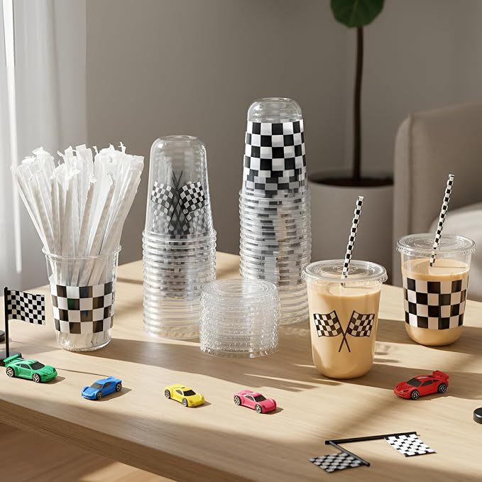 LemonRoad 100sets 16oz Checkered Flag Cups Race Car Birthday Party Decorations Supplies Plastic Cups Disposable with Lids and Straws for Racing Party Christmas Birthday Wedding Baby Shower Decoration