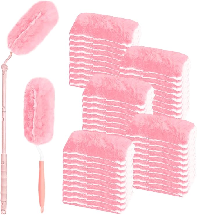 Pink Duster Refill for Swiffer Duster, 50 Count Disposable Dusters Kit for Cleaning Dusting Furniture Blind Ceiling Fan, Multi Surface 360 Feather Duster + 3FT Extended Handle + 1 Handle
