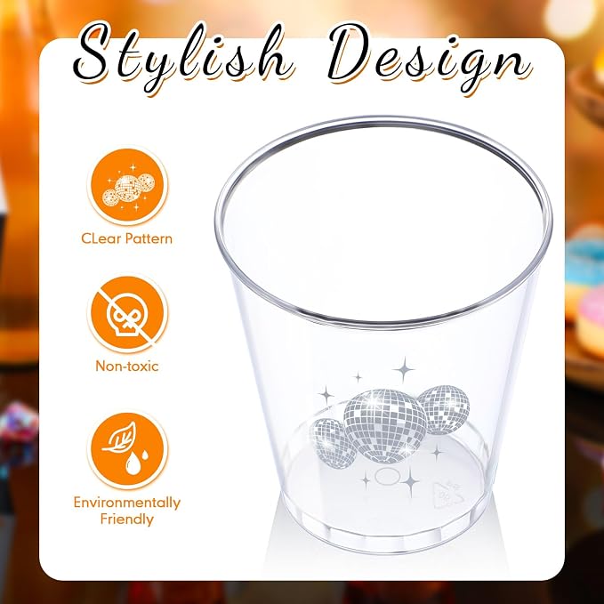 Lallisa 100 Pcs Disco Ball Plastic Shot Glasses 2oz mini Clear Disposable Cups Disco Party Supplies Cups for Shots Wine Whiskey Tasting Pudding Bachelorette Elegant Parties