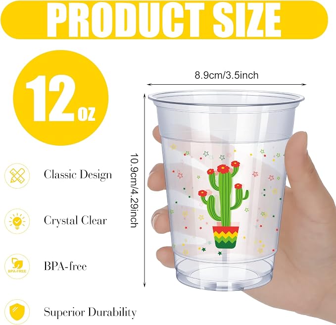 meekoo 50 Pcs 12 oz Fiesta Cup Plastic Mexican Cup Clear Disposable Margarita Glasses Cinco De Mayo Party Decorations for Taco Bout Bar Night Tequila Birthday Party Drinkware Supplies, 4 Style