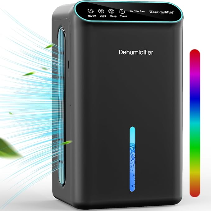 LOMMOL Dehumidifier, 86 OZ Dehumidifiers for Home (800 Sq.ft), Dehumidifier for Bedroom with Essential Oil Diffuser, 7 Color LED Light, 24H Timer, Auto Shut-off, Ideal for Bathroom Closet RV (Black)