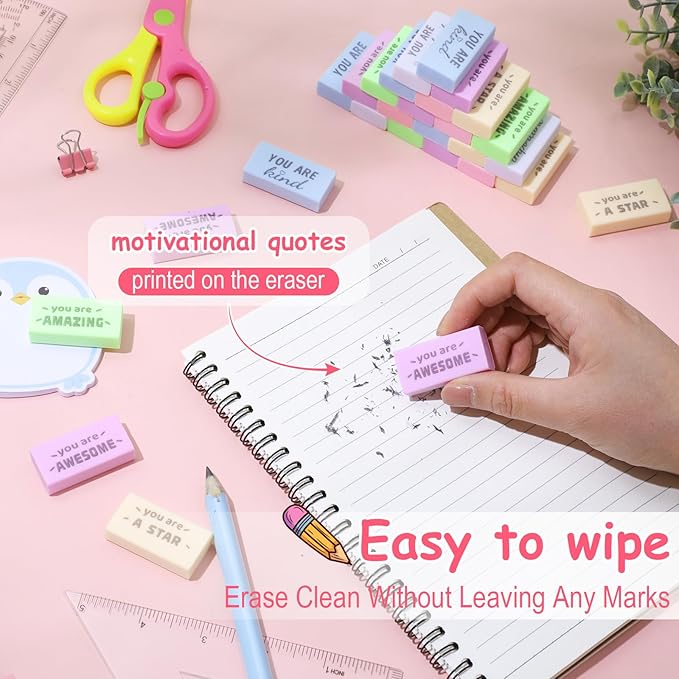 Resurhang 180 Pcs Erasers Bulk for Kids Inspirational Pencil Erasers Bulk for Drawing Motivational Big Eraser School Supplies for Classrooms Back to School Office (Motivational,Macaron)