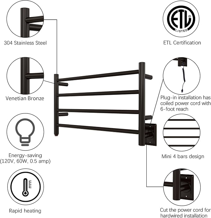 HEATGENE Towel Warmer 4 Bar Towel Dryer Wall-Mounted Plug-in Bath Towel Heater - Venetian Bronze