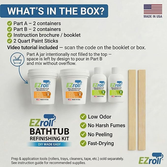 Bathtub Refinishing Kit, Tub and Tile Paint, White Low Odor Bath Paint, Long-Lasting Durable Tub Paint Kit for All Bathtubs, Tiles, Sinks and Showers, Easy Roll-On DIY Tub Coating, Made in USA