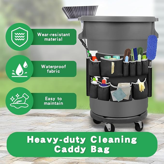 Trash Can Caddy Organizer with 10 Pockets - Cleaning Supply Holder for 32-55 Gallon Round Garbage Bins | Adjustable Strap Storage Bag for Sponges, Gloves, Spray Bottles, Cleaning Tools