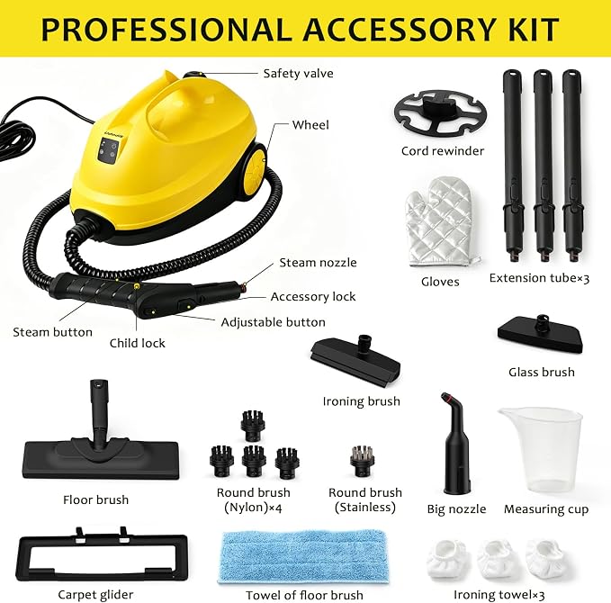 Steam Cleaner, Steamer Mop Cleaning For Home With 20 Accessories | High Temperature 248°F 120°C, Safety Lock, Floor, Window, Oven, Grout, Sealed Tile, Upholstered Furniture, Kitchen, Bathroom