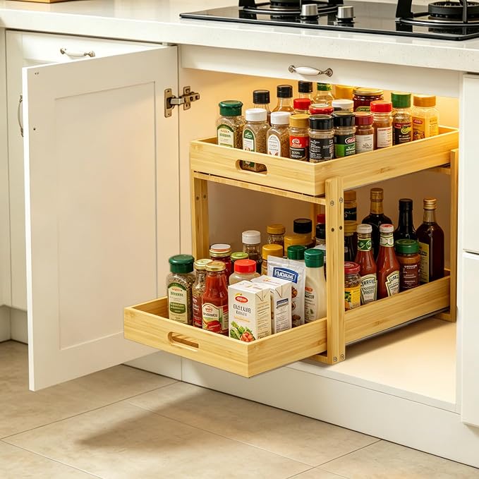 Under Sink Pull Out Organizer - Bamboo Cabinet Organizer 2-Tier with Adjustable Height, Undersink Storage Shelf Slide Out for Kitchen Bathroom Pantry Cabinet