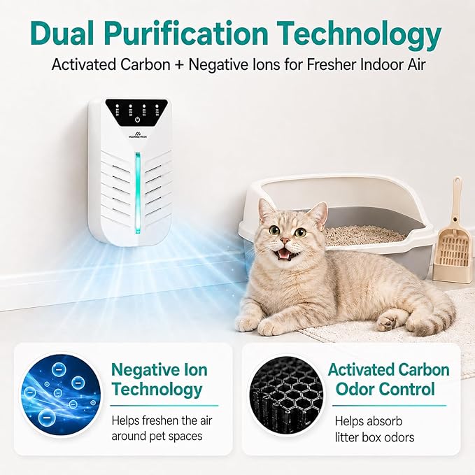 Air Ionizers for Home with Activated Charcoal, Cat Litter Deodorizer, HEPA Plug In Negative Ion Generator for Small Spaces, Bathroom, Office & Kitchen, Pet Odor Eliminator for Smoke, Dust
